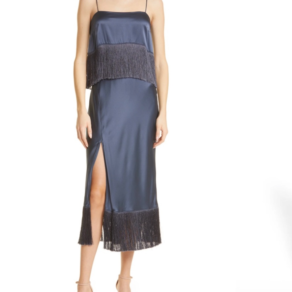 cinq a sept navy fringe satin midi dress